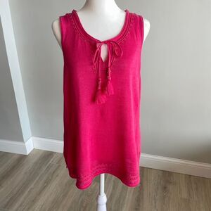 Tommy Bahama Womens Medium Hot Pink Sleeveless Linen Knit Top Tassels Embroidery